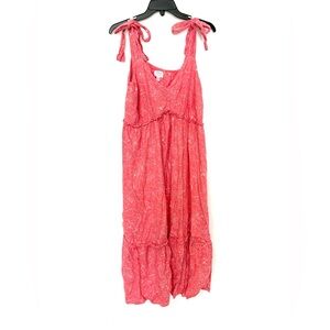 Coral Empire Waist Midi Dress Tie Straps Flowy Sleeveless Linen Blend Womens XL